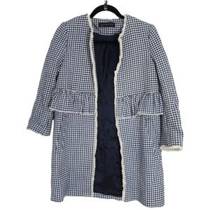 Zara Womens Jacket Blue White Gingham Tweed Boucle Ruffle Peplum Longline XS